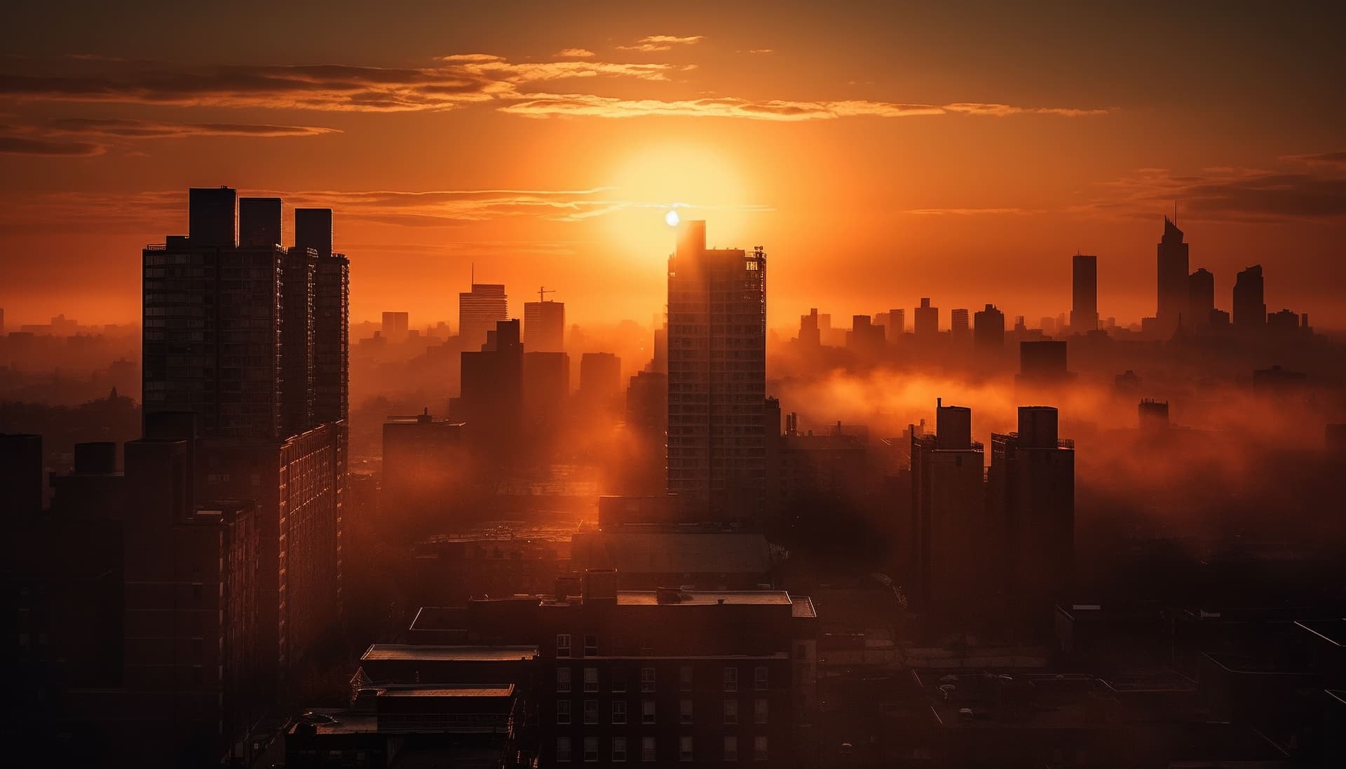 Prédios em construção com guindastes ao pôr do sol no horizonte urbano